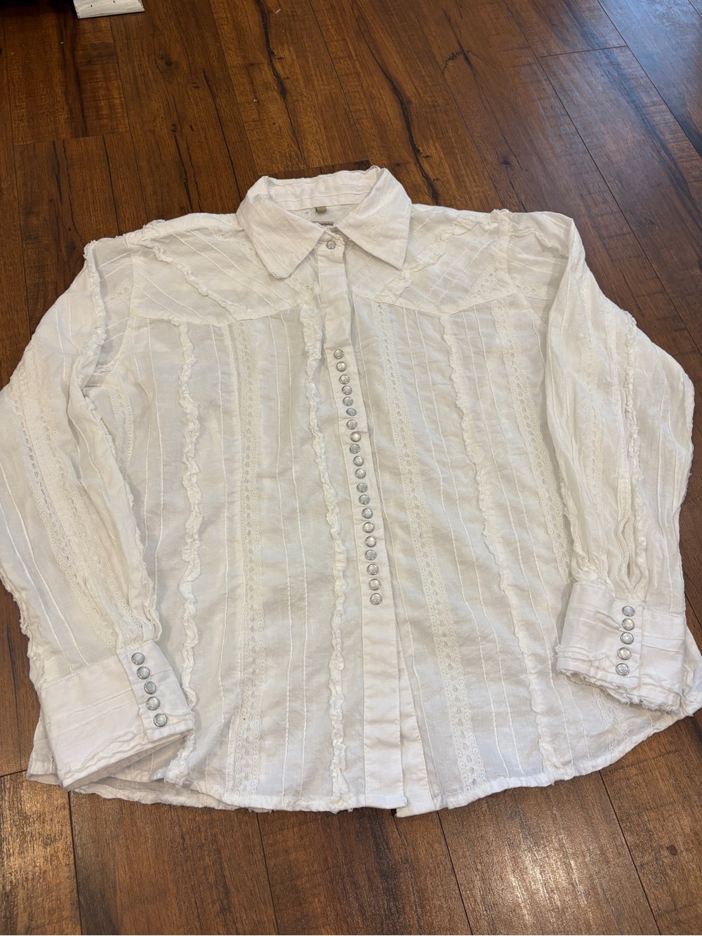 Scully Women XL White Western Pearl Snap Shirt Lace Ruffle Honey Creek Cotton